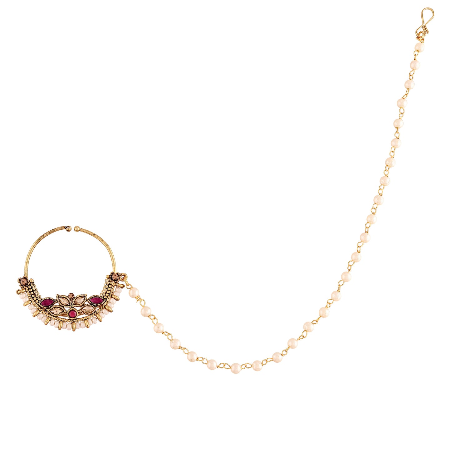 Gold Plated Ruby Kundan Nose Ring With Pearl Chain