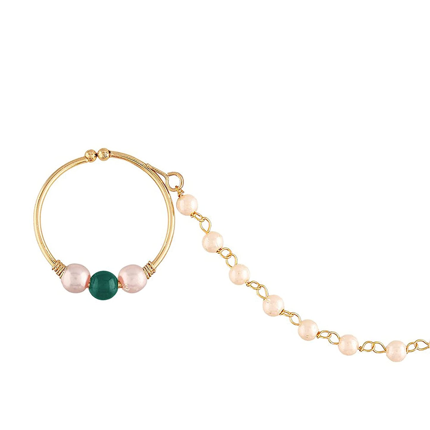 Gold Plated Green Kundan Nose Ring With Pearl Chain