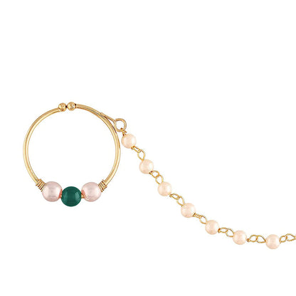Gold Plated Green Kundan Nose Ring With Pearl Chain
