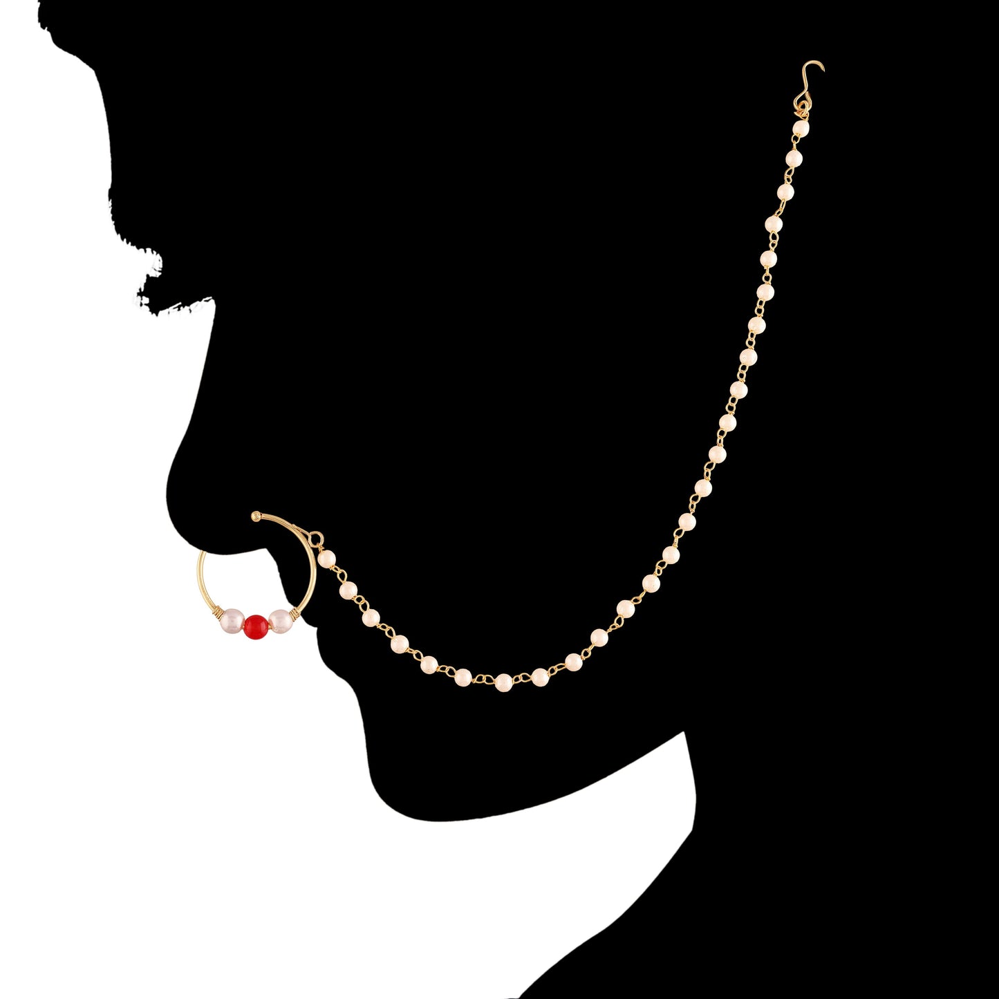 Gold Plated Kundan & Pearl Non-Pierced Nose Ring