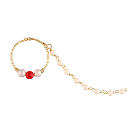 Gold Plated Kundan & Pearl Non-Pierced Nose Ring