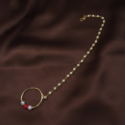 Gold Plated Kundan & Pearl Non-Pierced Nose Ring