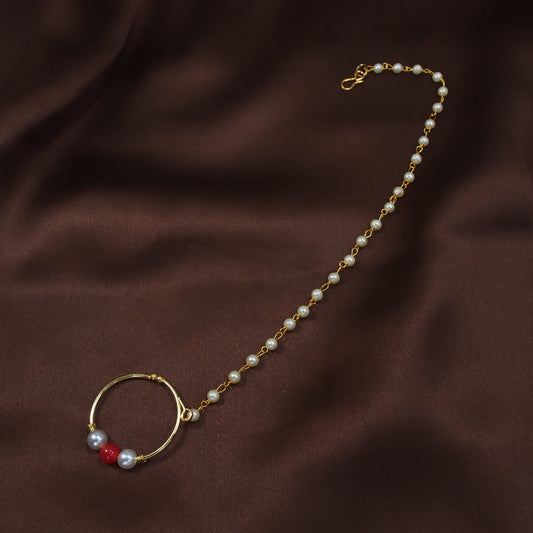 Gold Plated Kundan & Pearl Non-Pierced Nose Ring