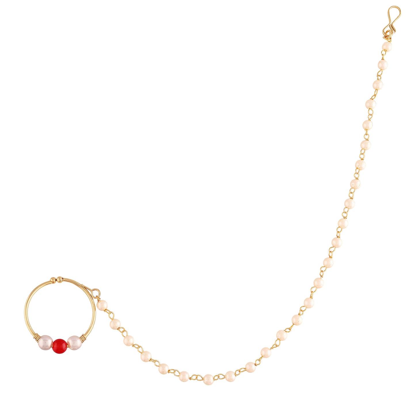 Gold Plated Kundan & Pearl Non-Pierced Nose Ring