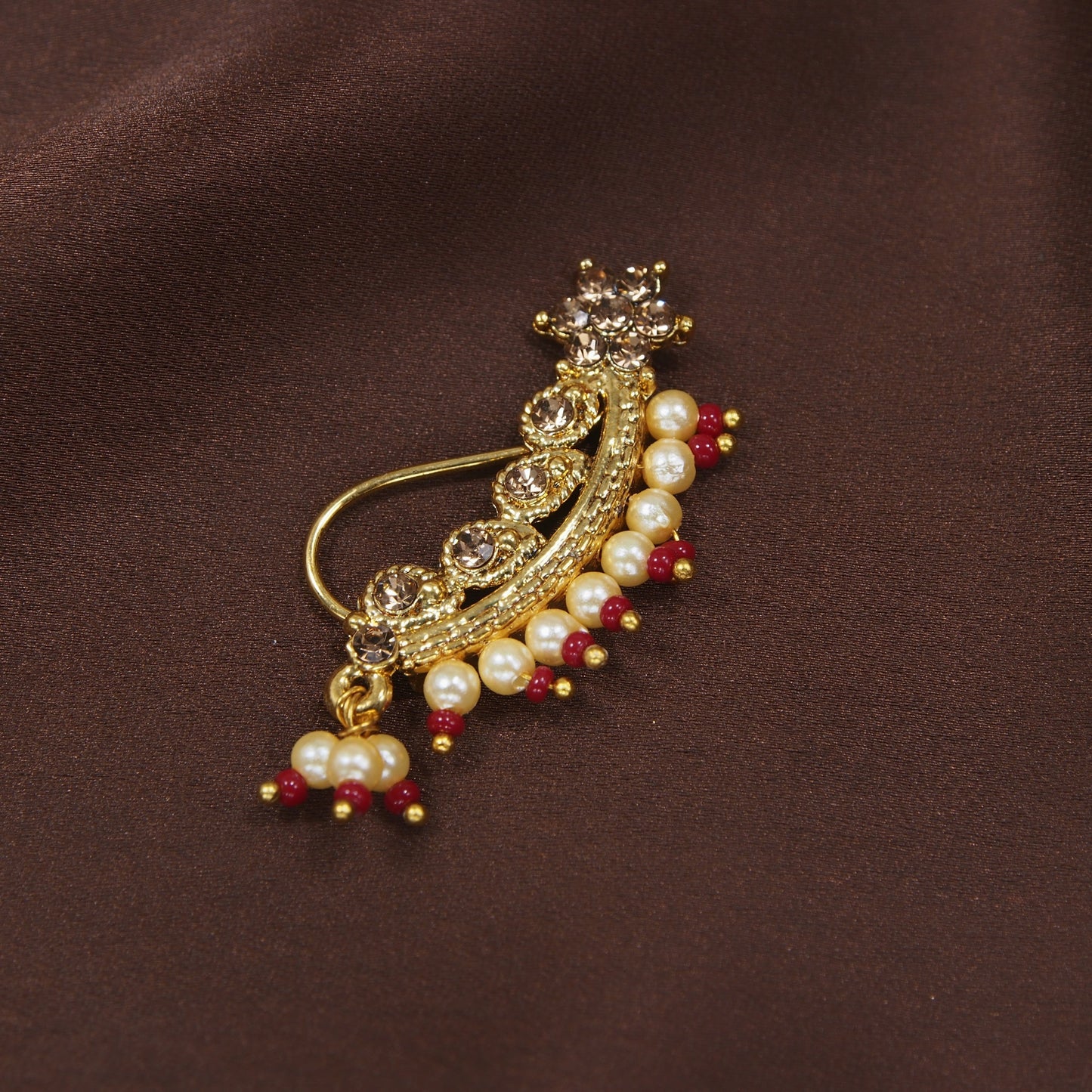Nose Pin Marathi Style Gold Finish With Pearls