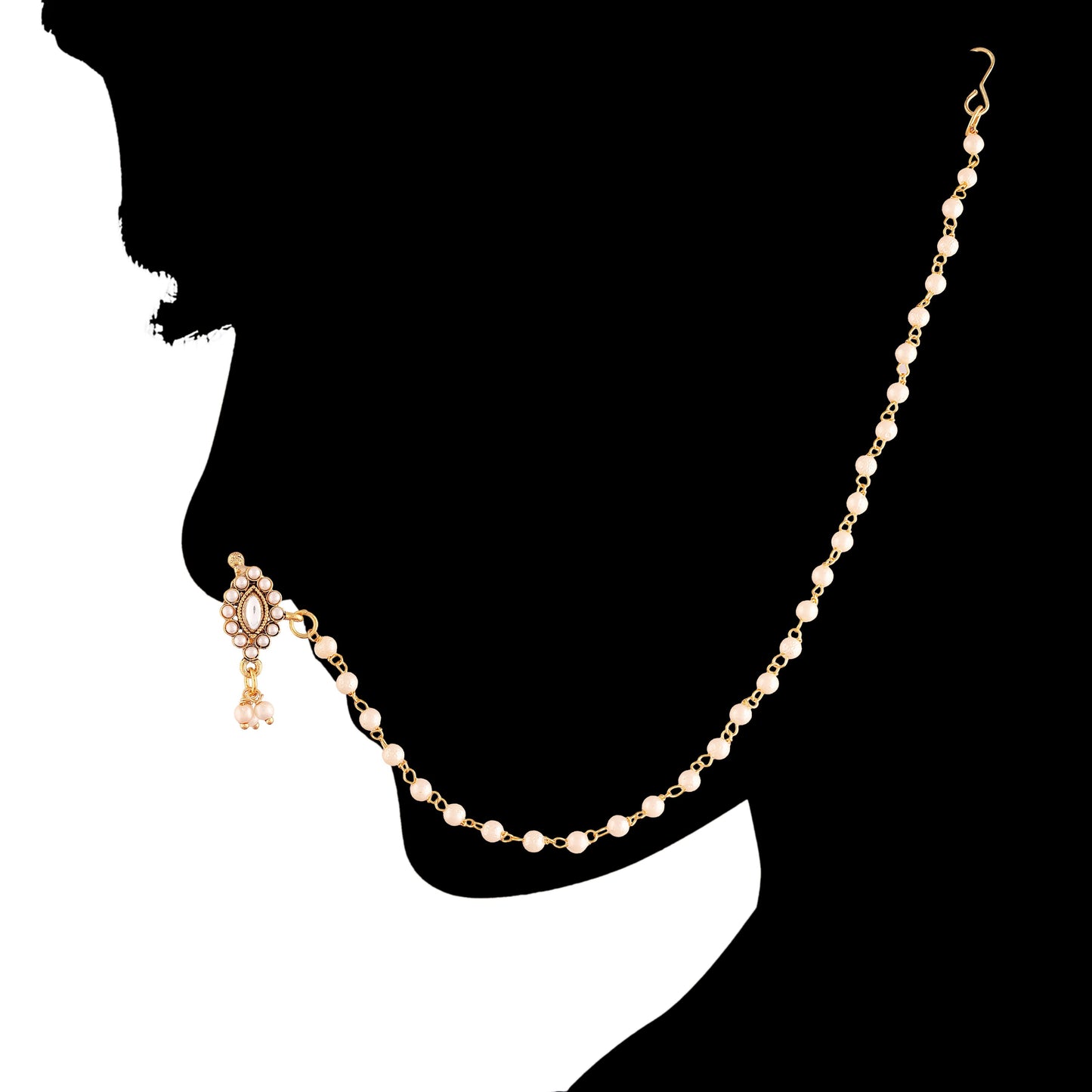Kundan Studded Nose Pin With Pearl Chain