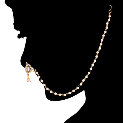 Kundan Studded Nose Pin With Pearl Chain
