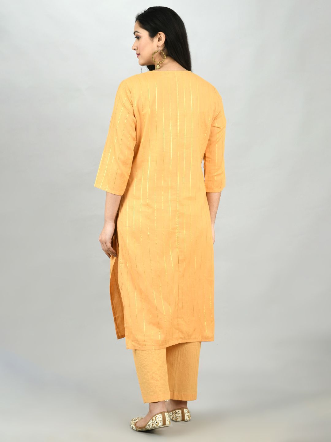 Women's Mustrd Polyester Solid 3/4 Sleeve Round Neck Casual Kurta Pant Dupatta Set