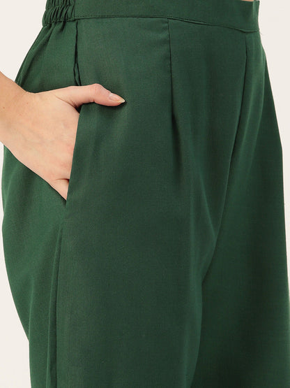 Women's Green Cotton Blend Panelled Printed Straight Kurta Trouser Set With Dupatta