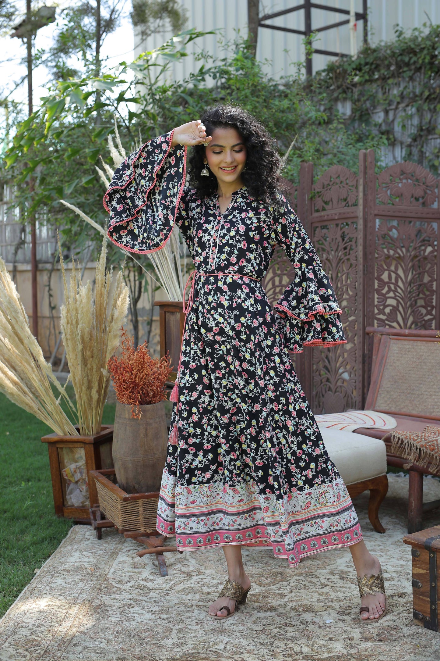 Buy_Women's_Black_Rayon_Floral_Print_Flared_Dress_With_Tie-Up_Dori_&_Mask_Online_Trendia
