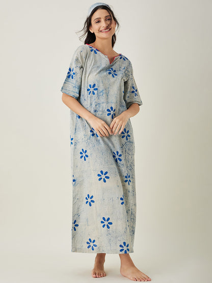 Women's Offwhite Indigo Printed Nightdress