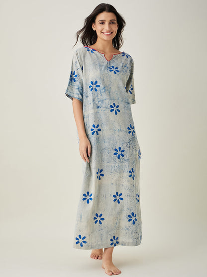 Women's Offwhite Indigo Printed Nightdress