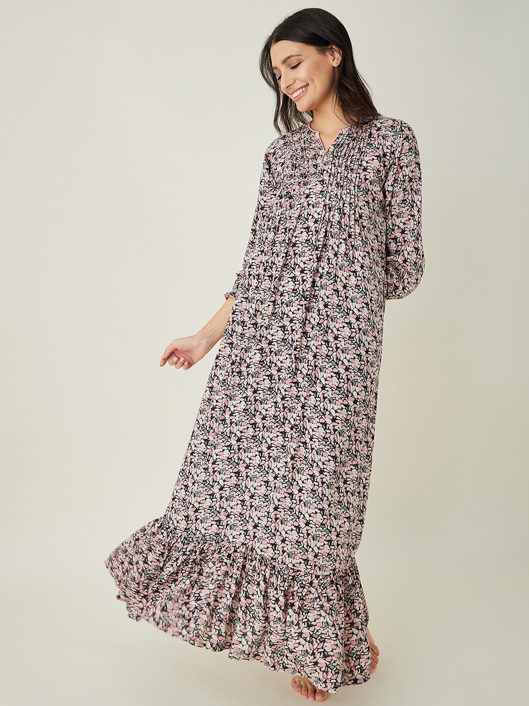 Women's Pink Floral Printed Maxi Nightdress