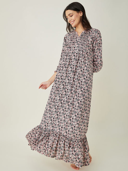 Women's Pink Floral Printed Maxi Nightdress