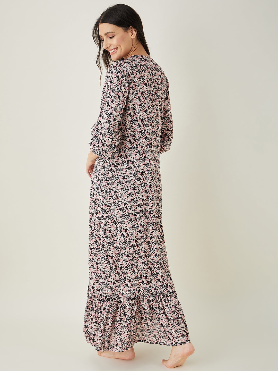 Women's Pink Floral Printed Maxi Nightdress