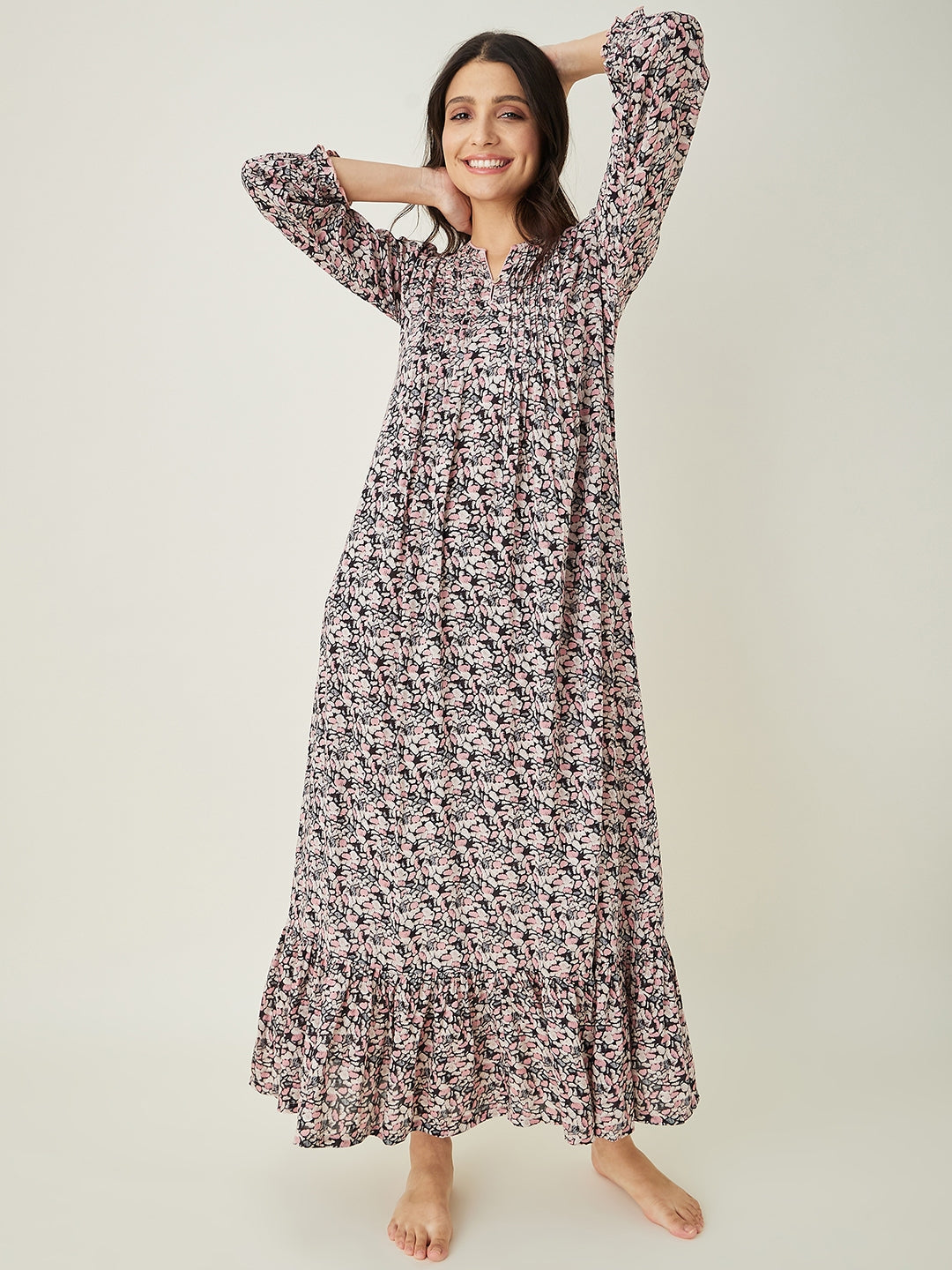 Women's Pink Floral Printed Maxi Nightdress