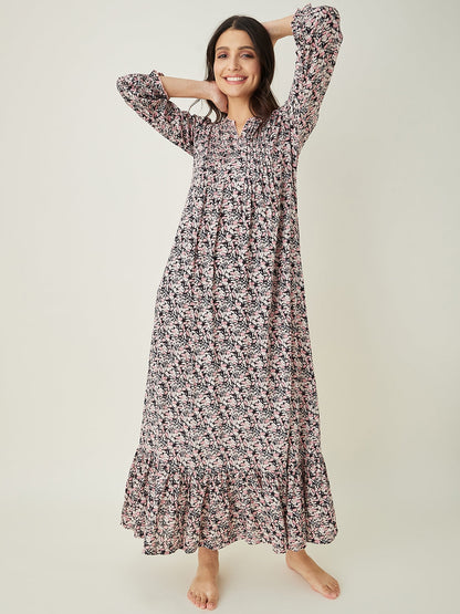 Women's Pink Floral Printed Maxi Nightdress