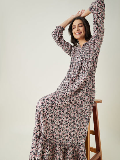 Women's Pink Floral Printed Maxi Nightdress