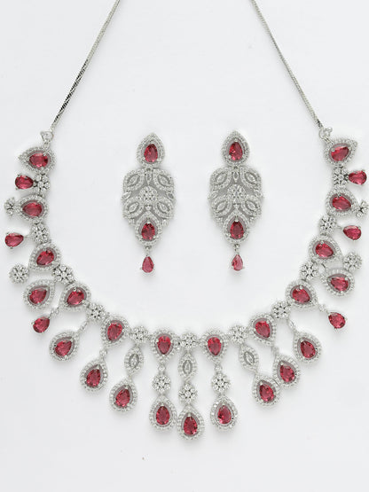 Women's silver plated & Maroon CZ stone handcrafted jewellery set