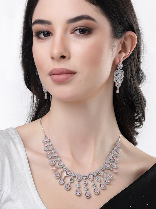 Women's silver plated & Pink CZ stone handcrafted jewellery set