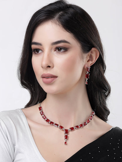 Women's silver plated & Maroon CZ stone handcrafted jewellery set
