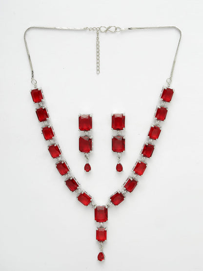 Women's silver plated & Maroon CZ stone handcrafted jewellery set