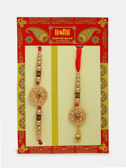 Set Of 2 Gold-Toned Bhaiya Bhabi Rakhi With Roli Chawal & Chocolate