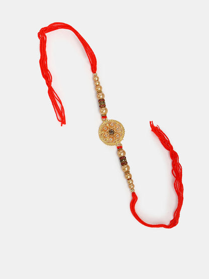 Set Of 2 Gold-Toned Bhaiya Bhabi Rakhi With Roli Chawal & Chocolate