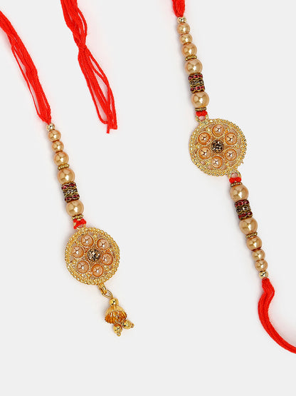 Set Of 2 Gold-Toned Bhaiya Bhabi Rakhi With Roli Chawal & Chocolate