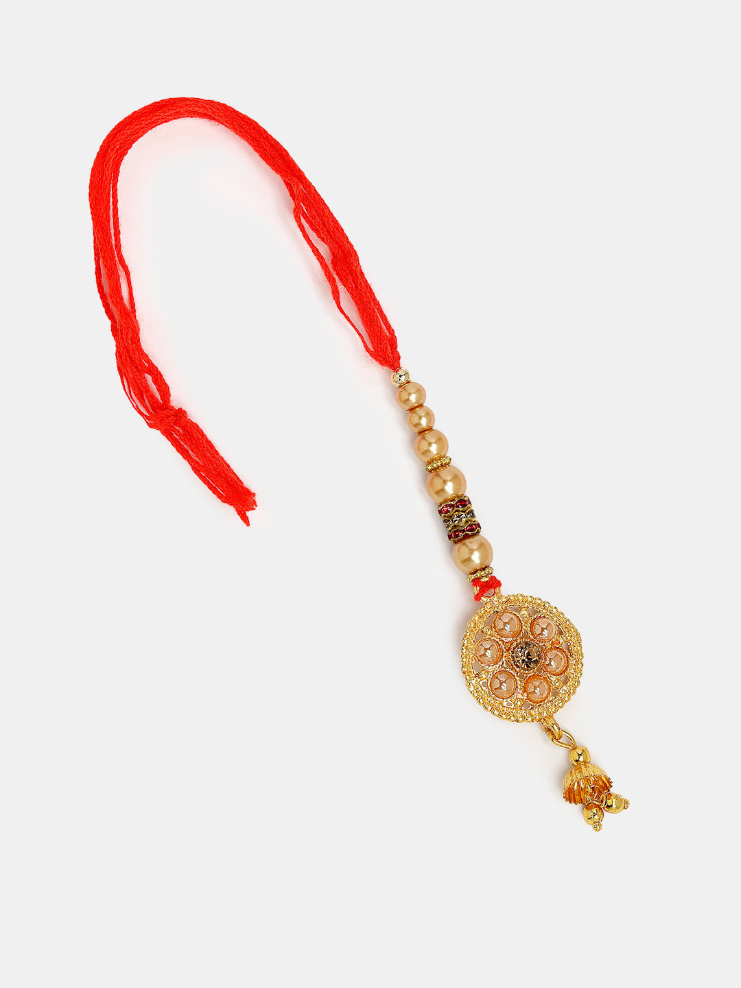 Set Of 2 Gold-Toned Stone-Studded & Beaded Bhaiya Bhabi Rakhi With Roli Chawal