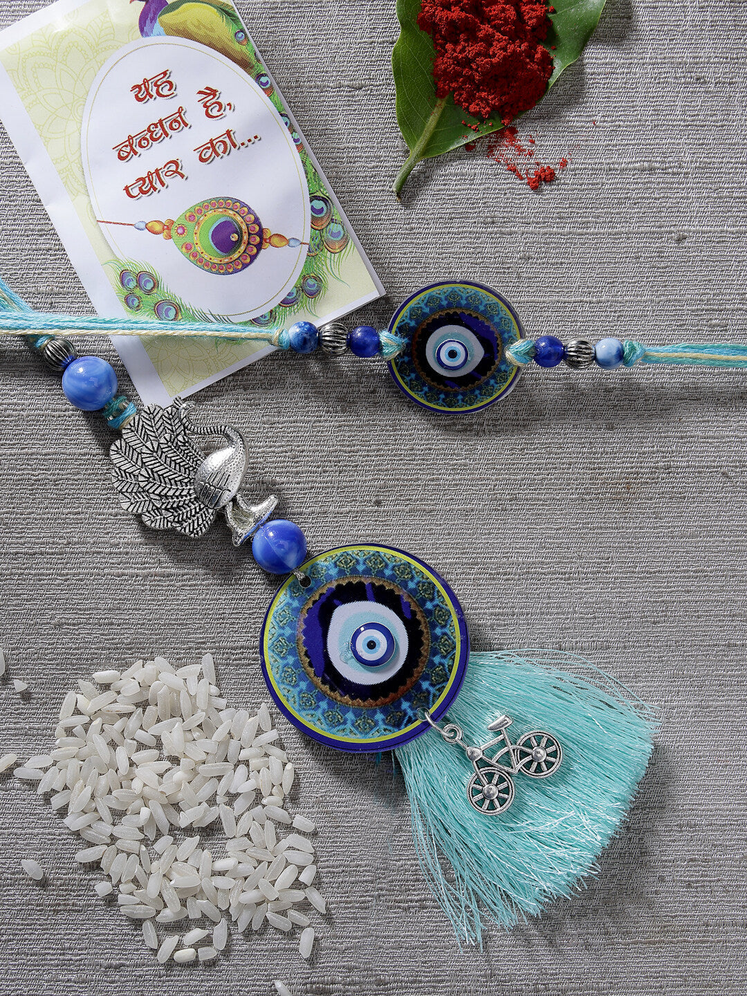 Set Of 2 Blue Evil Eye & Beaded Bhaiya Bhabi Rakhi With Roli Chawal & Chocolate