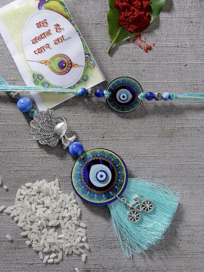 Set Of 2 Blue Evil Eye & Beaded Bhaiya Bhabi Rakhi With Roli Chawal & Chocolate