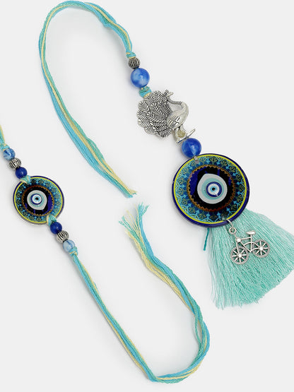 Set Of 2 Blue Evil Eye & Beaded Bhaiya Bhabi Rakhi With Roli Chawal