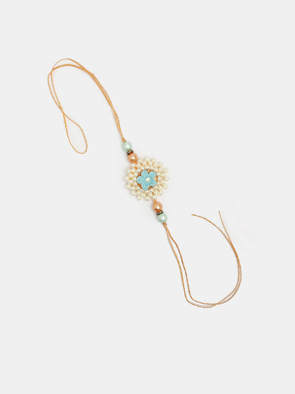Set Of 2 Peach Floral Design Pearl Beaded Bhaiya Bhabi Rakhi With Roli Chawal & Chocolate