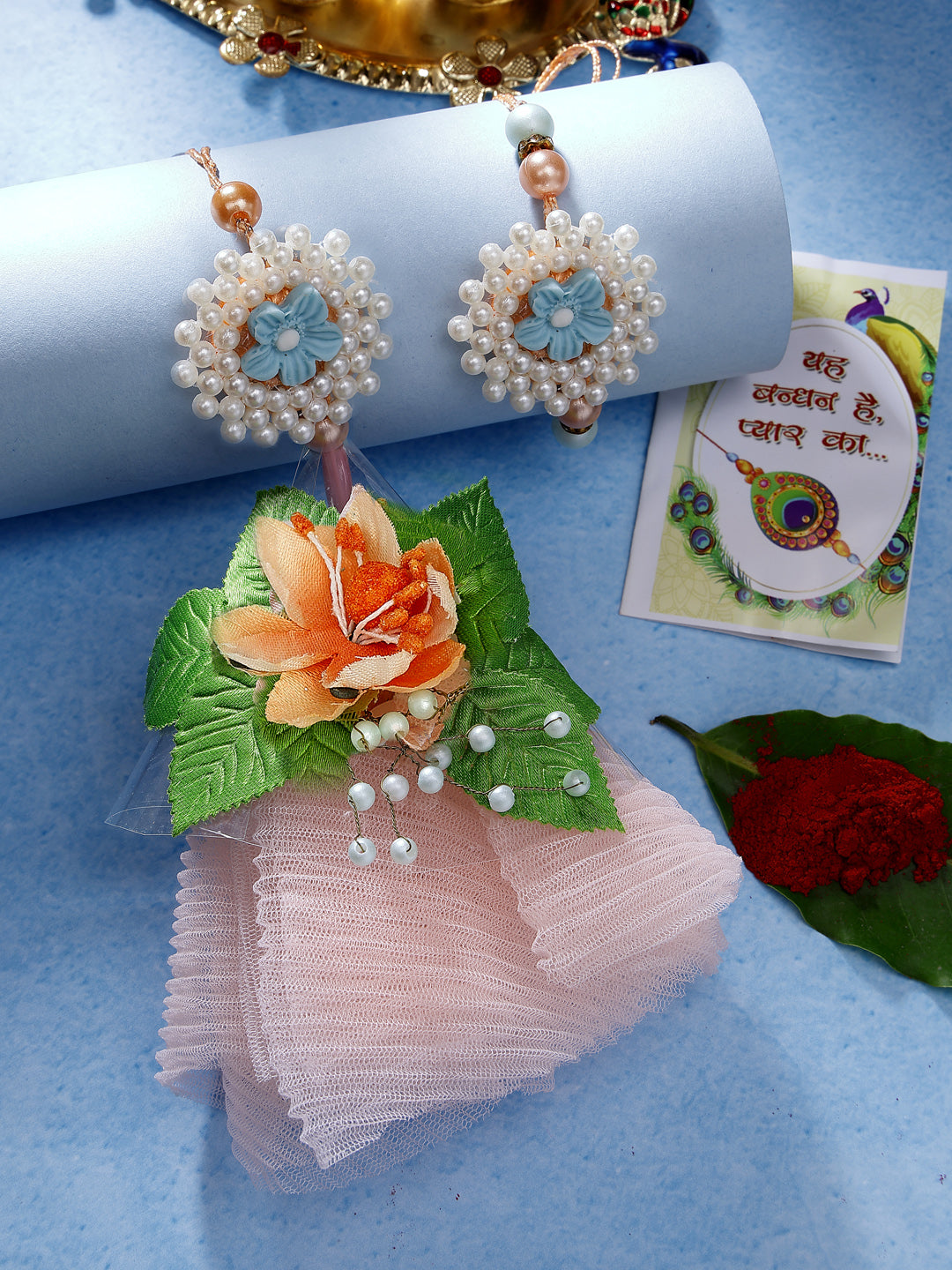 Set Of 2 Peach Floral Design Pearl Beaded Bhaiya Bhabi Rakhi With Roli Chawal