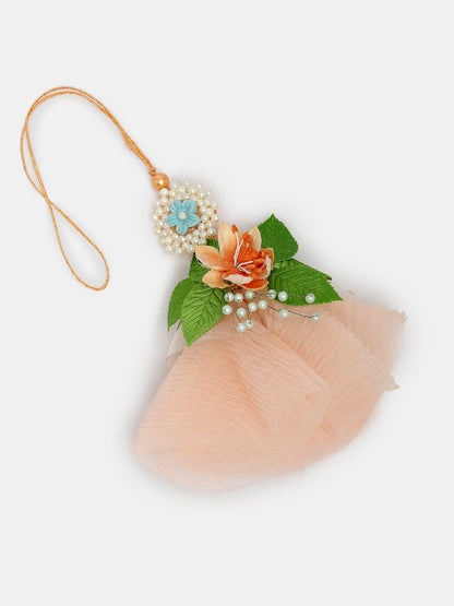 Set Of 2 Peach Floral Design Pearl Beaded Bhaiya Bhabi Rakhi With Roli Chawal