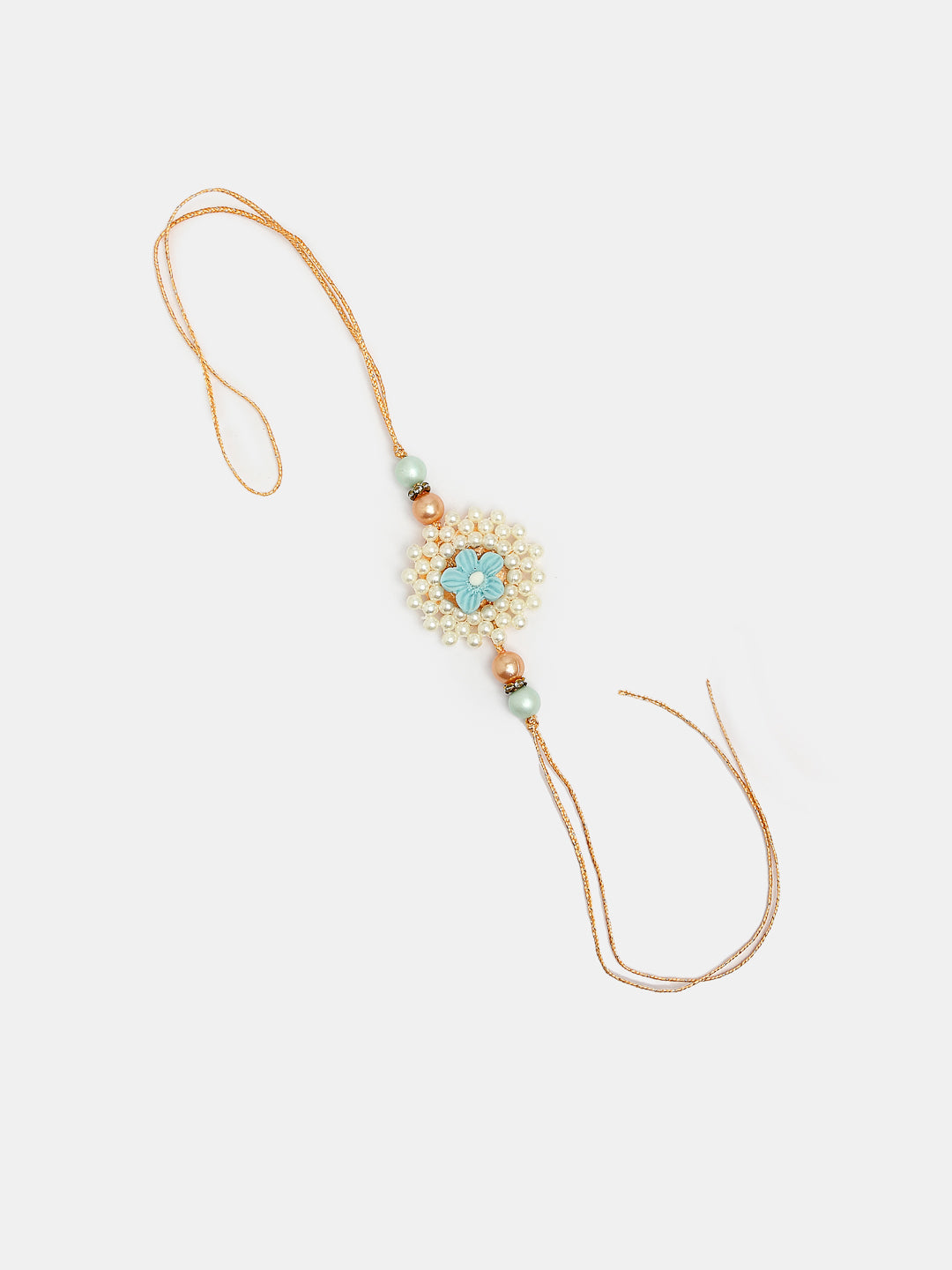 Set Of 2 Peach Floral Design Pearl Beaded Bhaiya Bhabi Rakhi With Roli Chawal