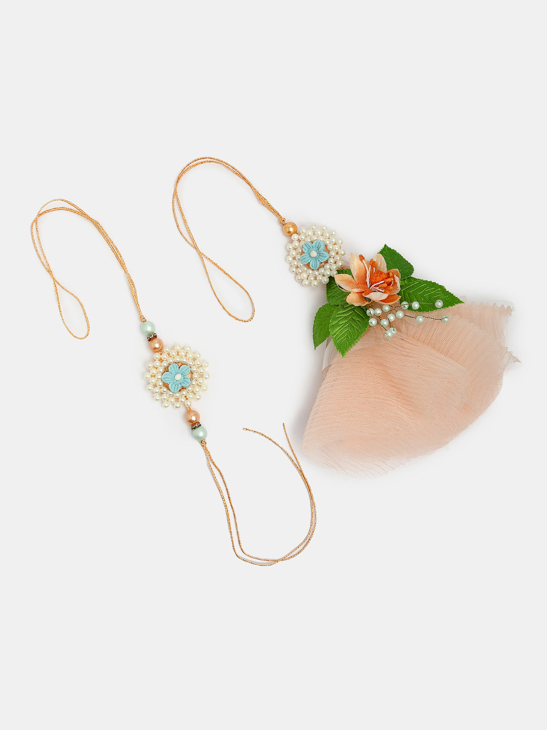 Set Of 2 Peach Floral Design Pearl Beaded Bhaiya Bhabi Rakhi With Roli Chawal