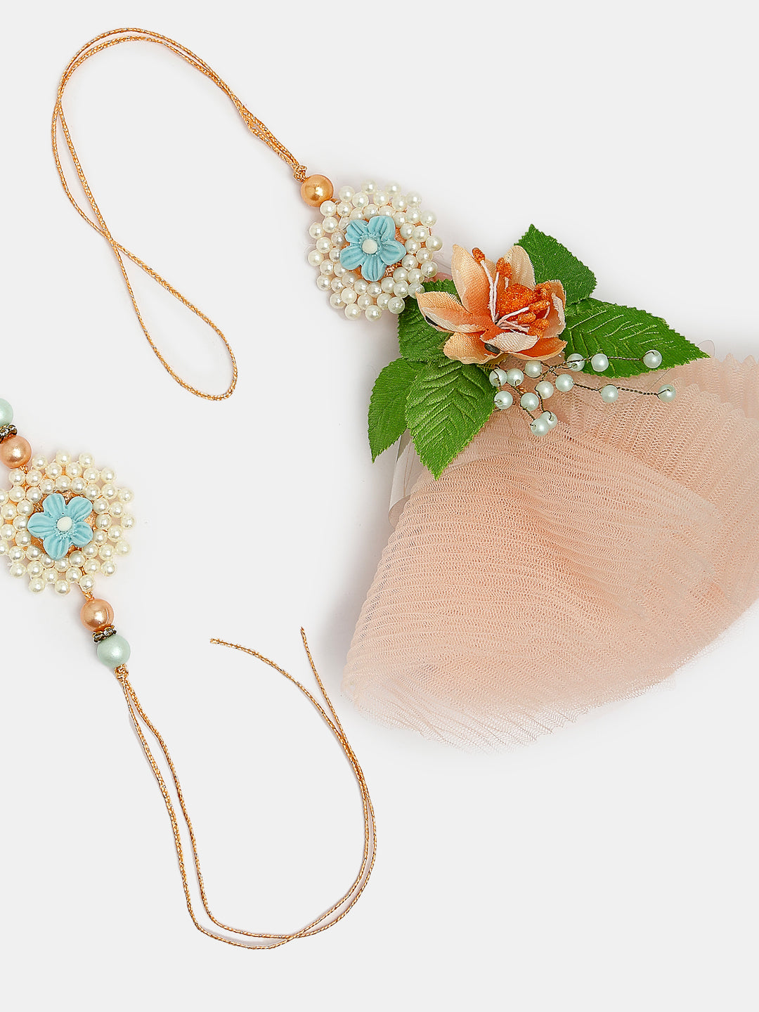 Set Of 2 Peach Floral Design Pearl Beaded Bhaiya Bhabi Rakhi With Roli Chawal