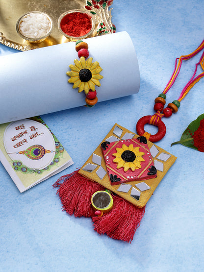 Set Of 2 Red & Yellow Mirror Work Handcrafted Bhaiya Bhabi Rakhi With Roli Chawal & Chocolate