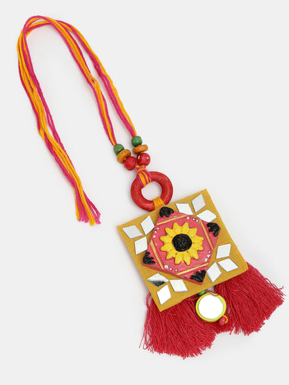 Set Of 2 Red & Yellow Mirror Work Handcrafted Bhaiya Bhabi Rakhi With Roli Chawal & Chocolate