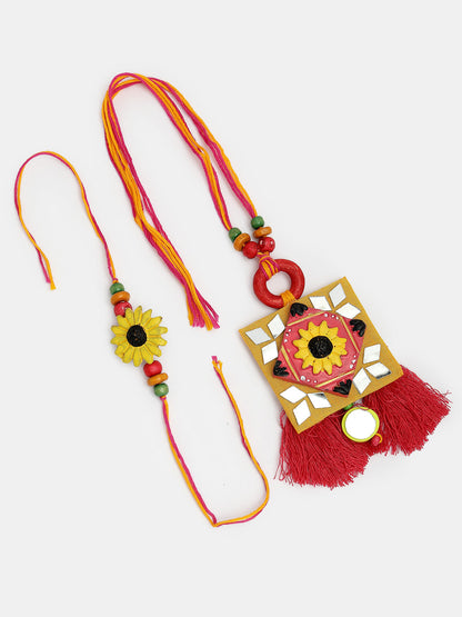 Set Of 2 Red & Yellow Mirror Work Handcrafted Bhaiya Bhabi Rakhi With Roli Chawal & Chocolate