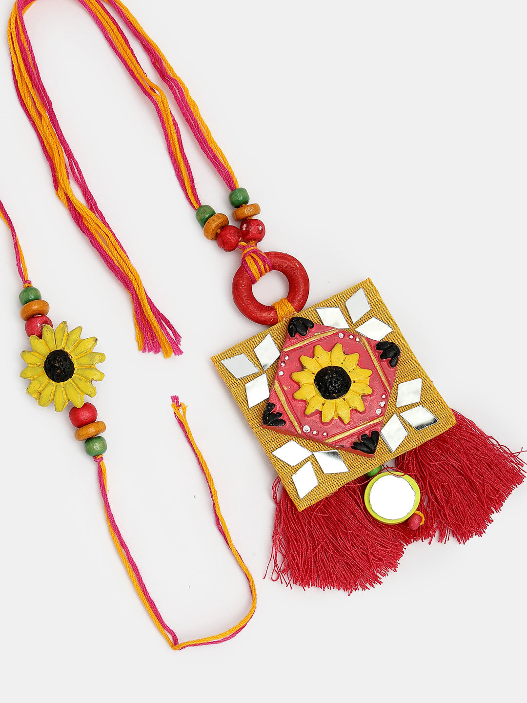 Set Of 2 Red & Yellow Mirror Work Handcrafted Bhaiya Bhabi Rakhi With Roli Chawal & Chocolate