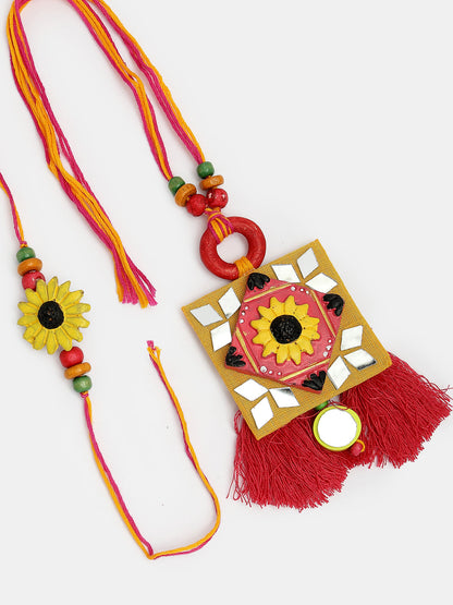 Set Of 2 Red & Yellow Mirror Work Handcrafted Bhaiya Bhabi Rakhi With Roli Chawal & Chocolate