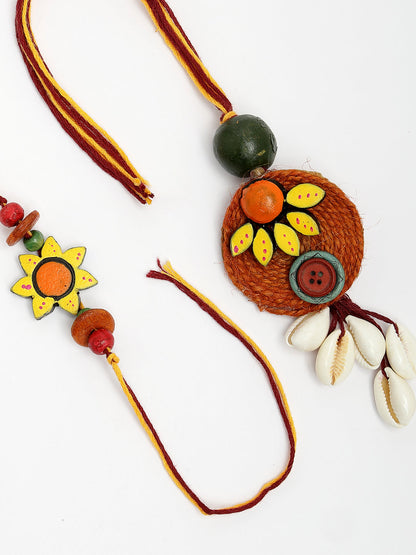 Set Of 2 Multicolor Sea Shell Handcrafted Bhaiya Bhabhi Rakhi With Roli Chawal & Chocolate