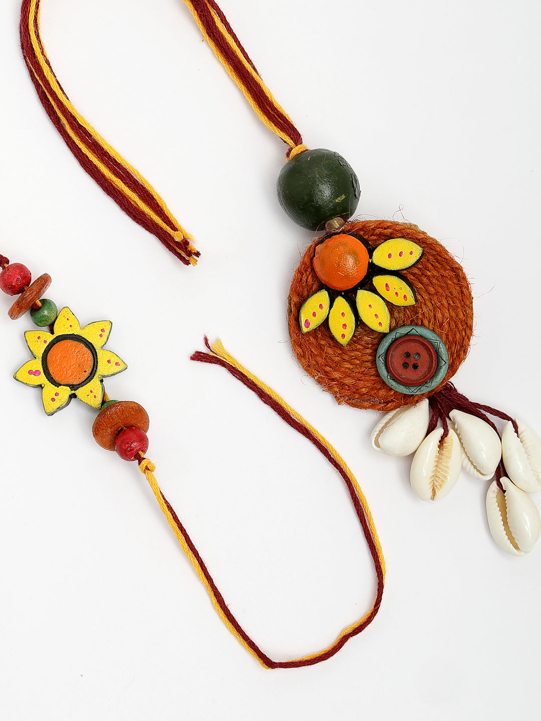Set Of 2 Multicolor Sea Shell Handcrafted Bhaiya Bhabhi Rakhi With Roli Chawal