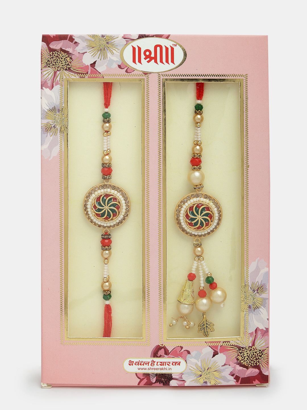 Set Of 2 Gold-Toned Stone-Studded & Beaded Bhaiya Bhabi Rakhi With Roli Chawal & Chocolate
