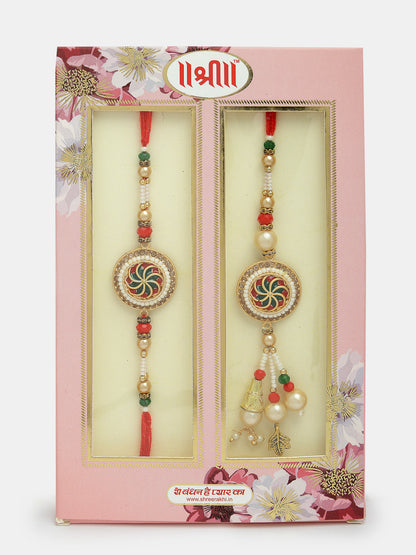 Set Of 2 Gold-Toned Stone-Studded & Beaded Bhaiya Bhabi Rakhi With Roli Chawal & Chocolate