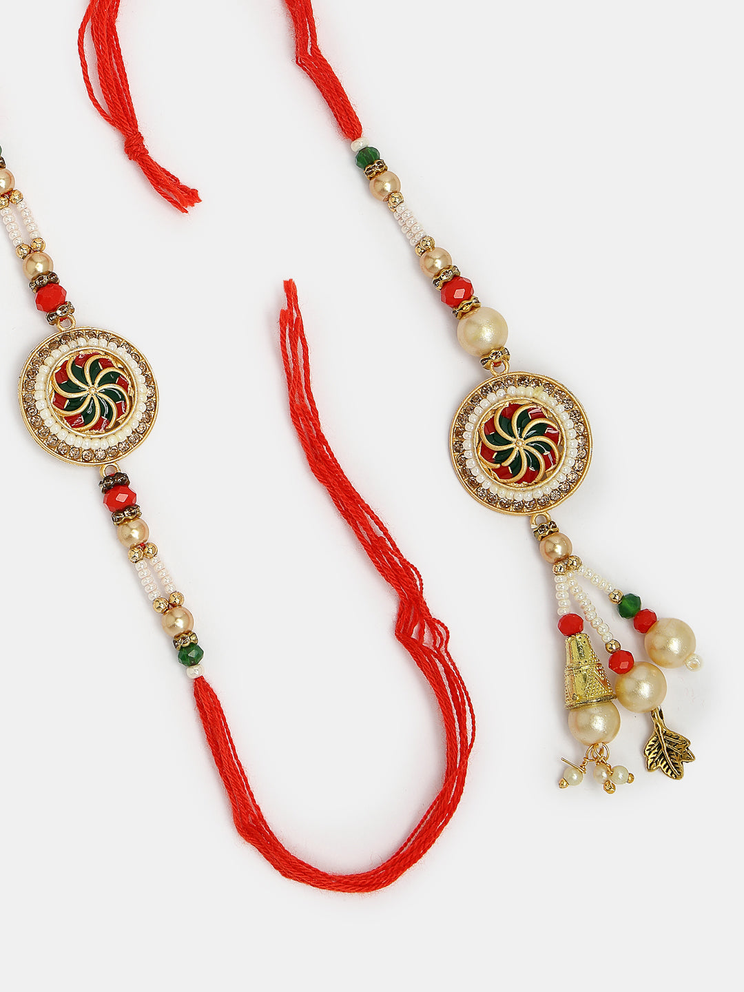 Set Of 2 Gold-Toned Stone-Studded & Beaded Bhaiya Bhabi Rakhi With Roli Chawal & Chocolate