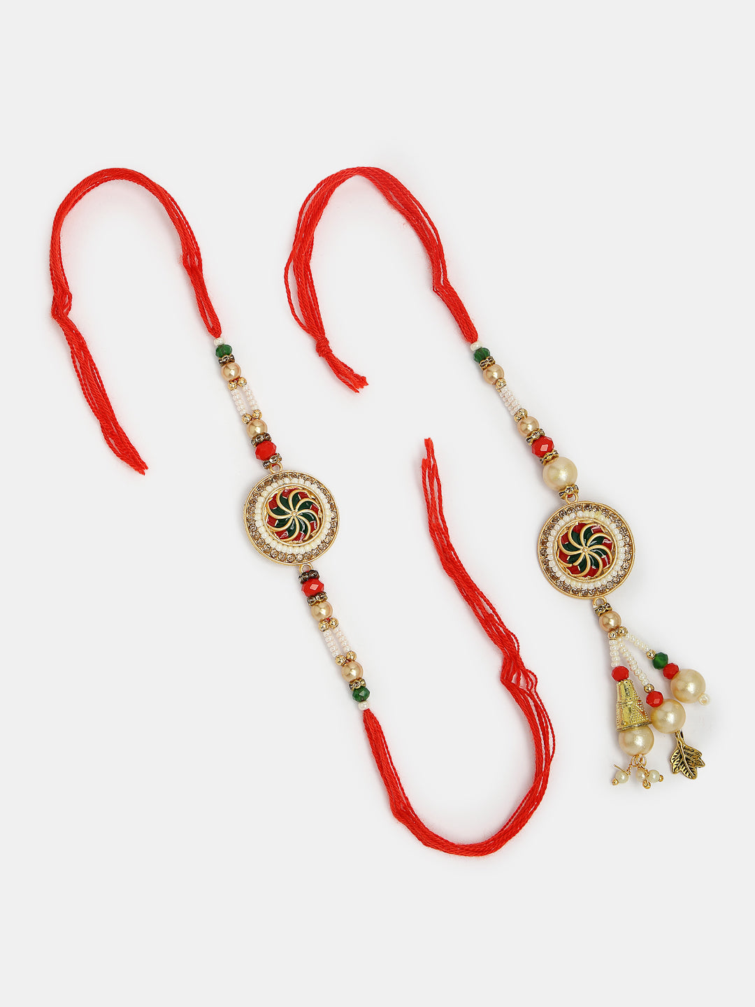 Set Of 2 Gold-Toned Stone-Studded & Beaded Bhaiya Bhabi Rakhi With Roli Chawal & Chocolate